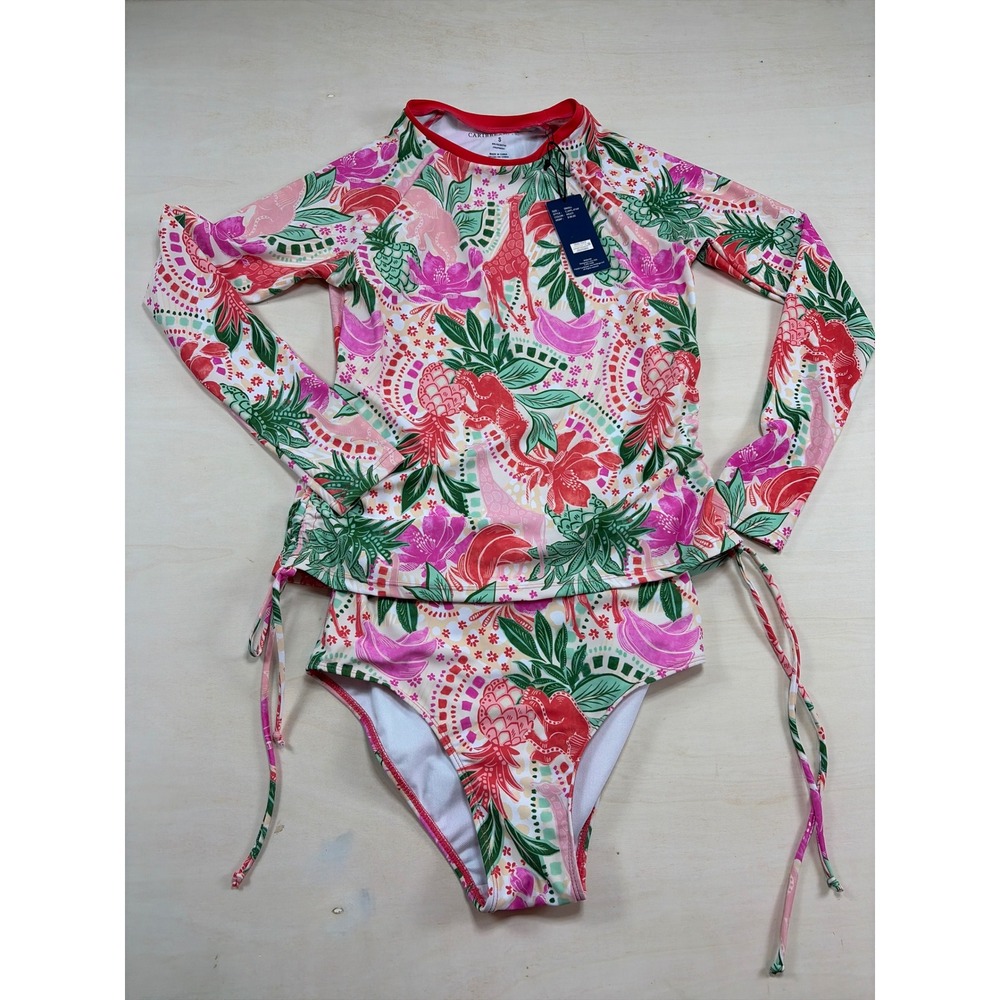 Caribbean‎ Joe Womens Rash Guard Bikini Set Small Tropical Animal Print Pink